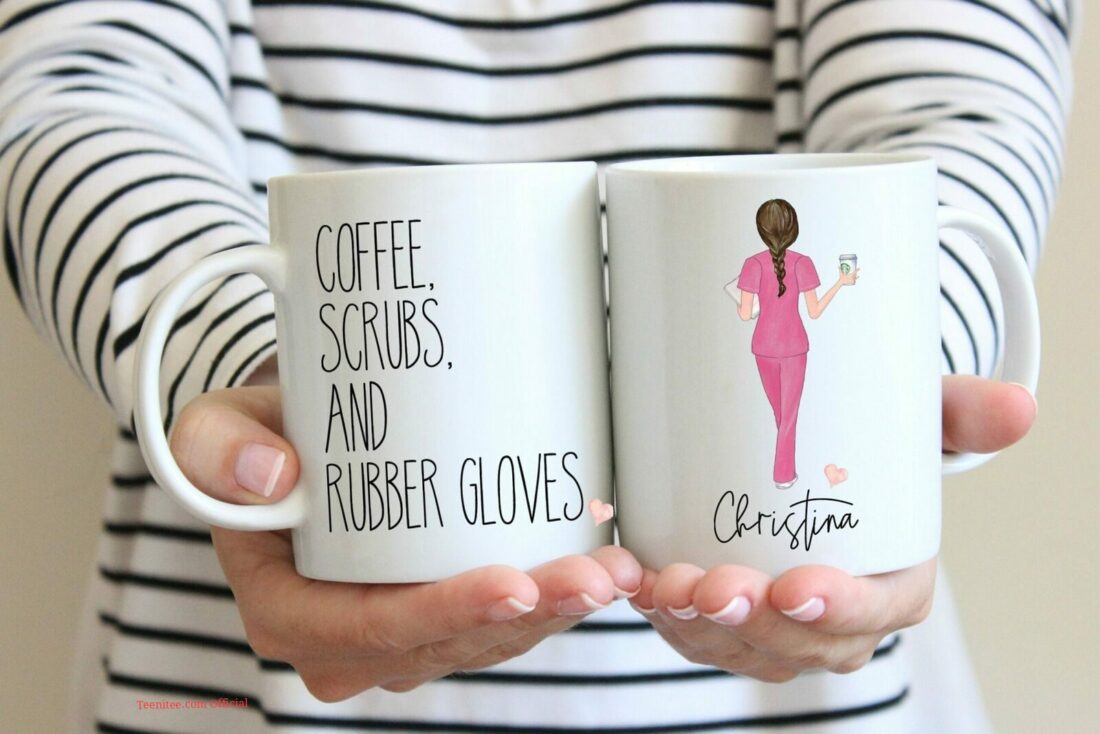 Coffee, scrub and rubber gloves| personalized gift mug for nurse - 15 oz