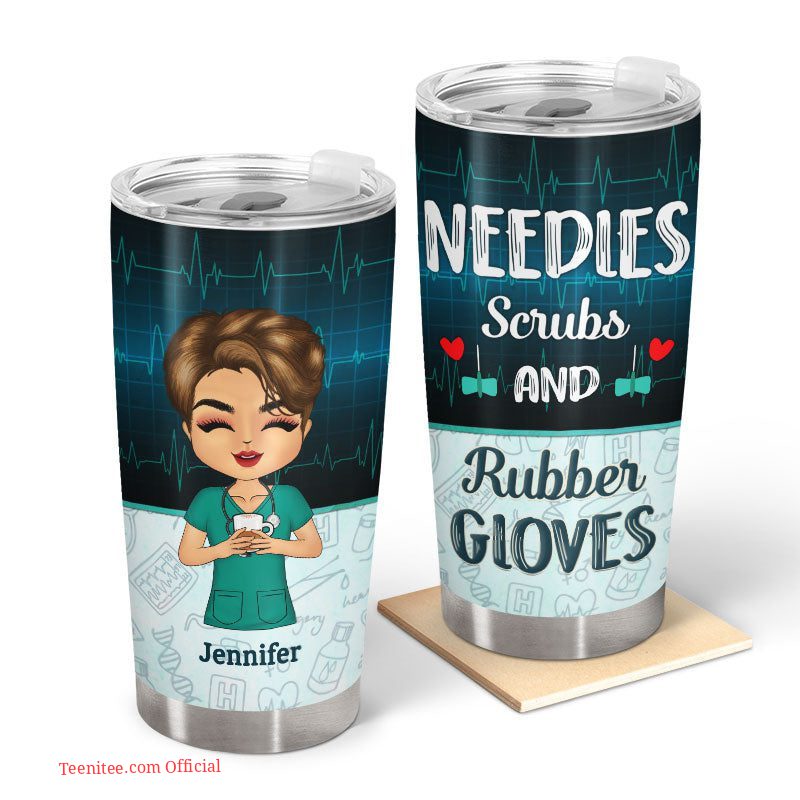 Nurse needles scrubs & rubber gloves - personalized tumbler gift