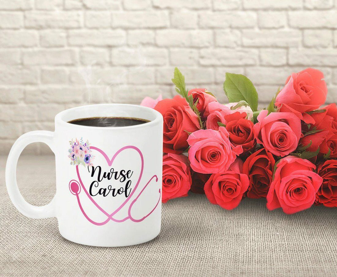 Cute mug with heart shape and flower| personalized gift mug for nurse - 15 oz