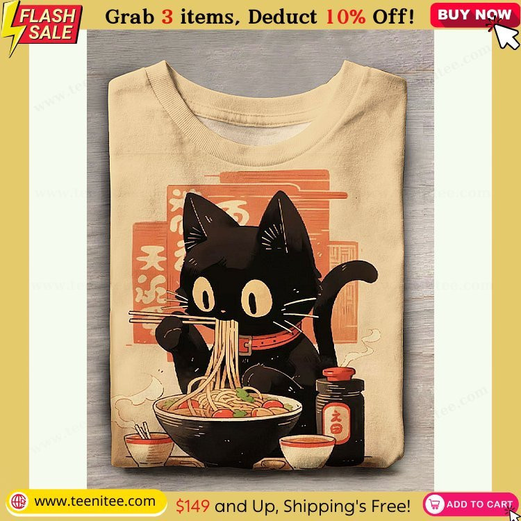 Funny japanese cat print casual short sleeve t-shirt - family mini fashion