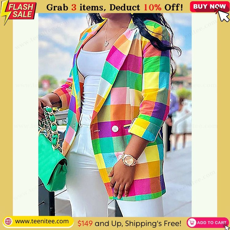 buttoned contrast color multi colored plaid plus size three quarter sleeves notched collar outerwear blazer multicolor 4xl 211.jpg