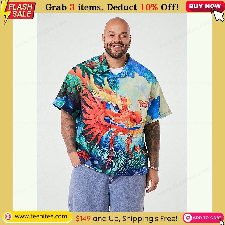 plus size men casual loose woven dragon print short sleeve shirt 429.jpg