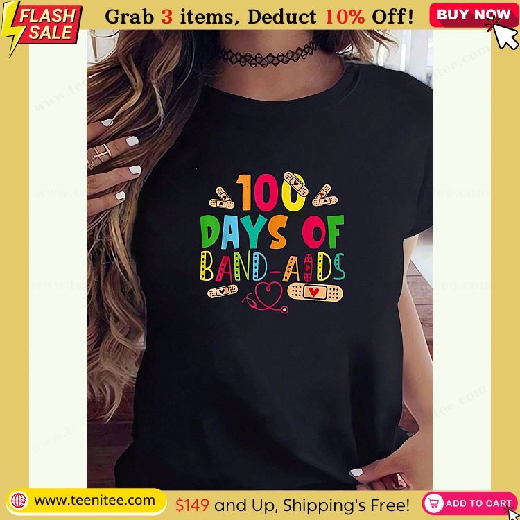 womens 100 days band aid t shirt fun pattern short sleeve cotton women casual tops suitable for daily wear 698.jpg