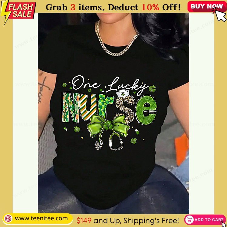 womens one lucky nurse st patricks day print shirt cotton t shirt soft breathable comfort fit crew neck tee 130.jpg